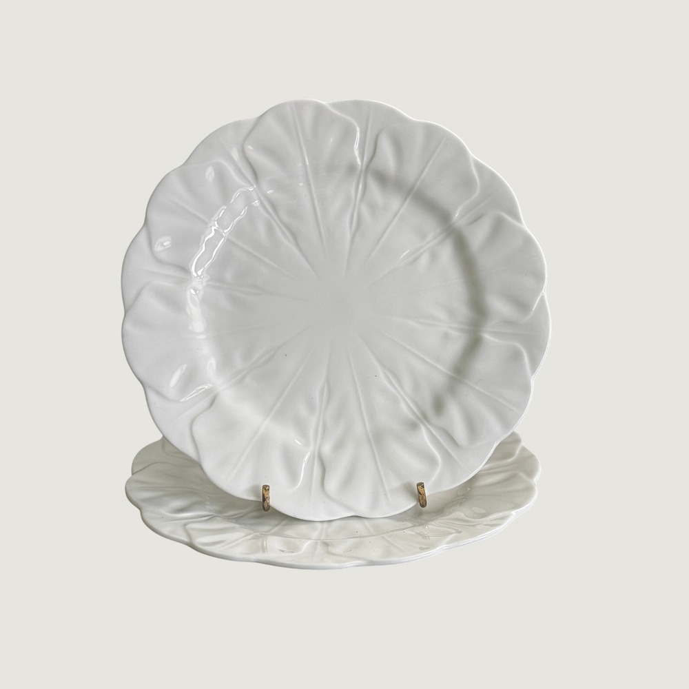 Pair of Aynsley England White Embossed Cabbage Leaf Scalloped Bone China Plates